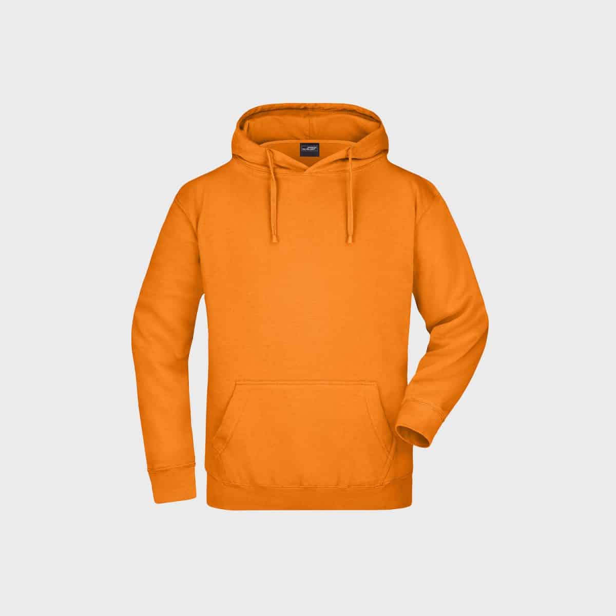 Ein schlichter orangefarbener Hoodie mit einer Vordertasche und Kordelzug auf hellgrauem Hintergrund. Der Hoodie hat ein klassisches Design mit langen Ärmeln und einer entspannten Passform.