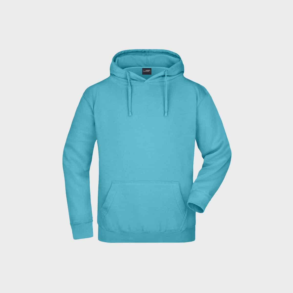 Ein schlichter, hellblauer Hoodie mit langen Ärmeln, einer Vordertasche und einer verstellbaren Kapuze mit Kordelzug. Der Stoff wirkt weich und bequem und eignet sich für die Freizeit. Der Hoodie ist vor einem weißen Hintergrund abgebildet.