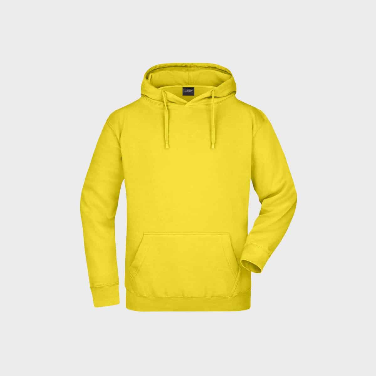 Ein leuchtend gelbes Kapuzensweatshirt mit einer Beuteltasche auf der Vorderseite und Kordelzug an der Kapuze, vor einem schlichten hellgrauen Hintergrund.