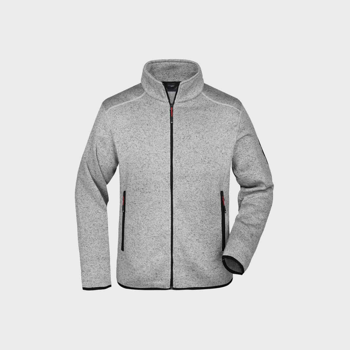 A gray fleece jacket with a zipper, high collar and two vertical side pockets. The jacket features black zipper details and a soft, textured fabric. The design is simple and functional and is suitable for leisure or outdoor activities.