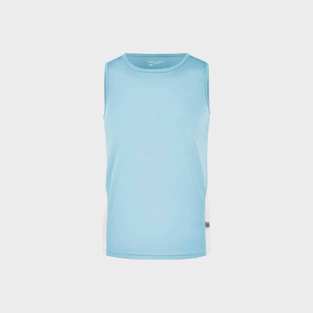 A sleeveless, sporty tank top in light blue with a simple design. The front is plain, with subtle stitching around the edges and a small label near the hem on the left side. The tank top is shown on a plain white background.