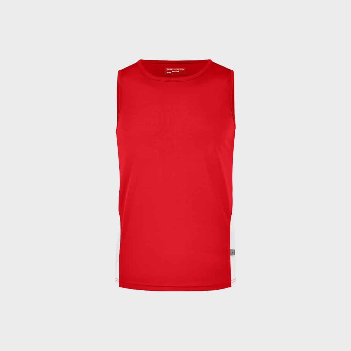A sleeveless, sporty tank top in bright red with a simple design without visible logos or patterns. The top is presented against a plain gray background and shows its front view directly.
