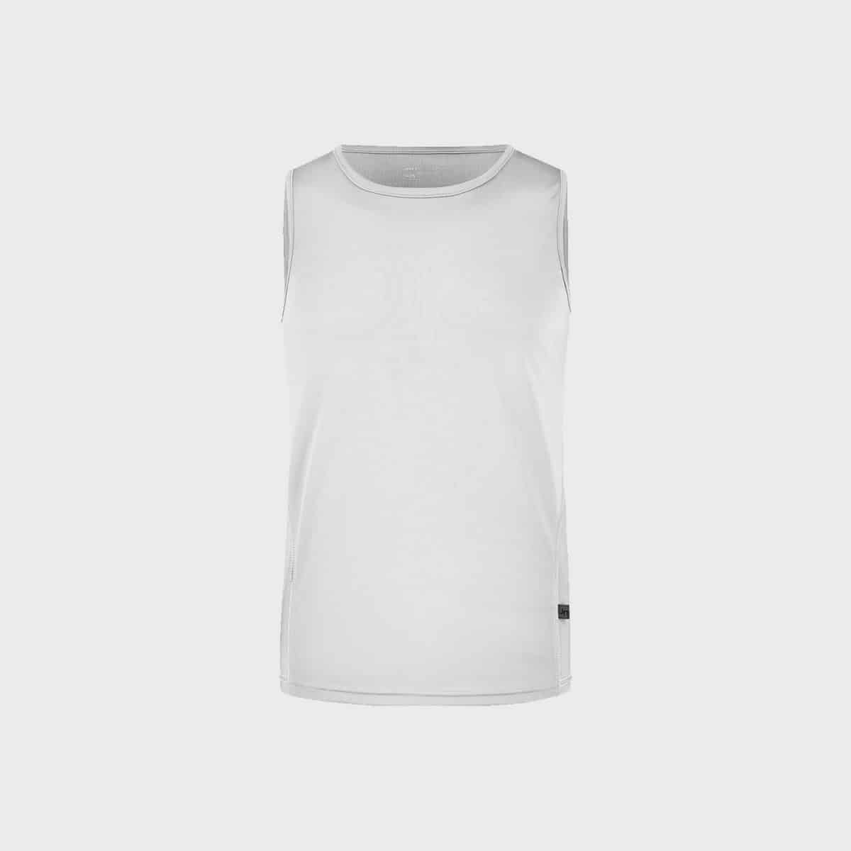 A sleeveless white tank top on a plain, light gray background. It has a simple, clean design with no visible logos or embellishments, except for a small black label on the lower left hem.