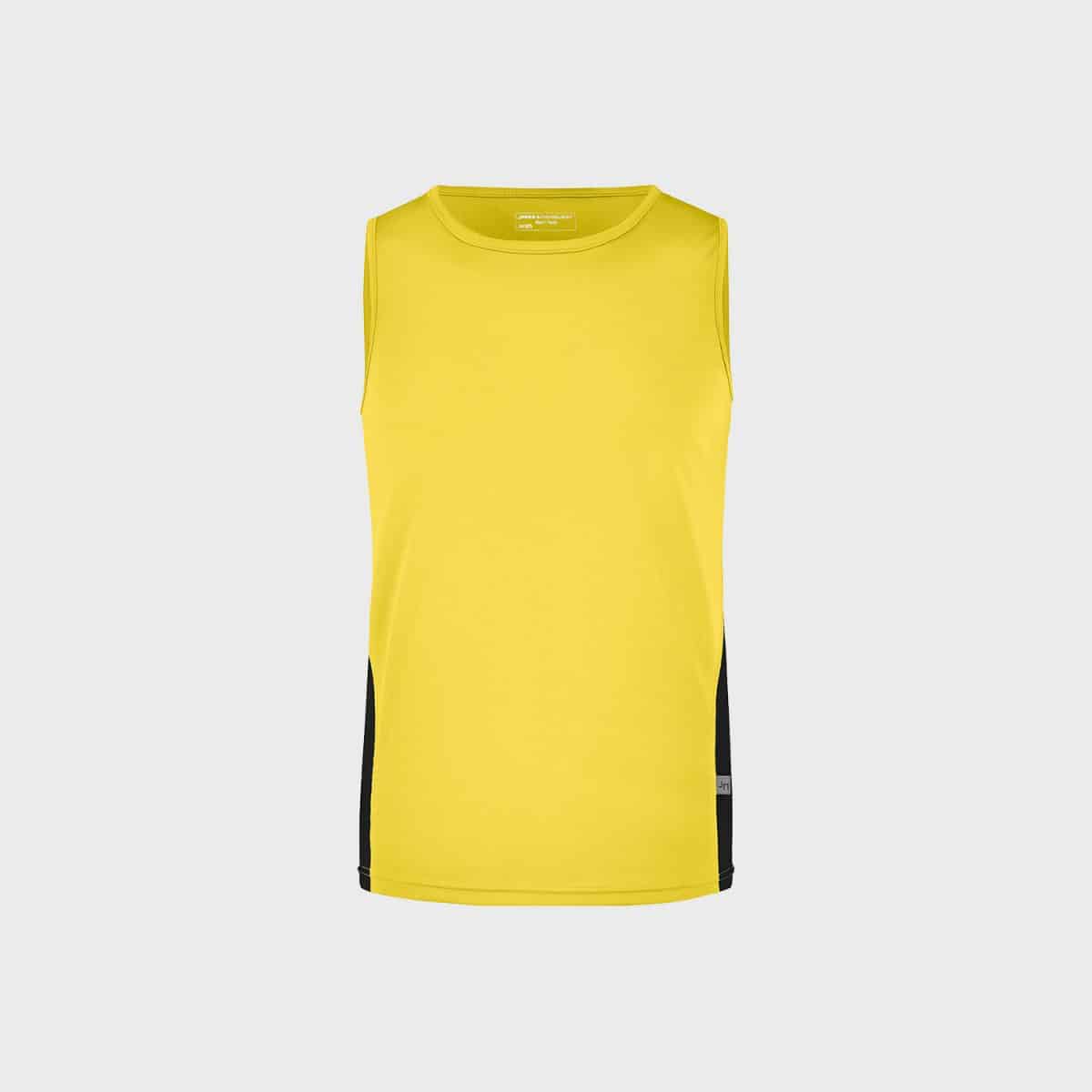 Ein gelbes, ärmelloses, sportliches Tanktop mit schwarzen Seitenteilen. Das Tanktop hat einen runden Ausschnitt und ist auf einem schlichten hellgrauen Hintergrund zu sehen.