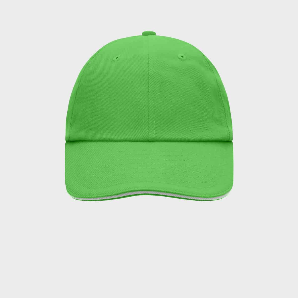 Eine limettengrüne Baseballkappe mit gebogenem Schirm, von vorne betrachtet, vor einem schlichten weißen Hintergrund. Die Kappe hat sechs Einsätze und einen Knopf an der Oberseite. Es sind keine Logos oder Designs sichtbar.