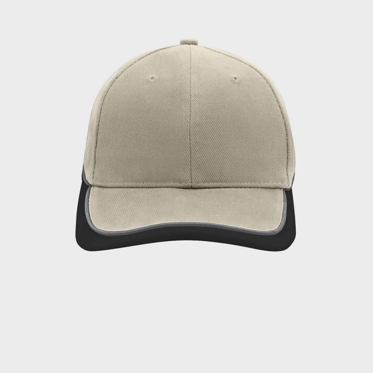 A beige baseball cap with a black border around the edge of the brim. The cap can be seen from the front against a plain white background. The design is simple and has no visible logos or patterns.