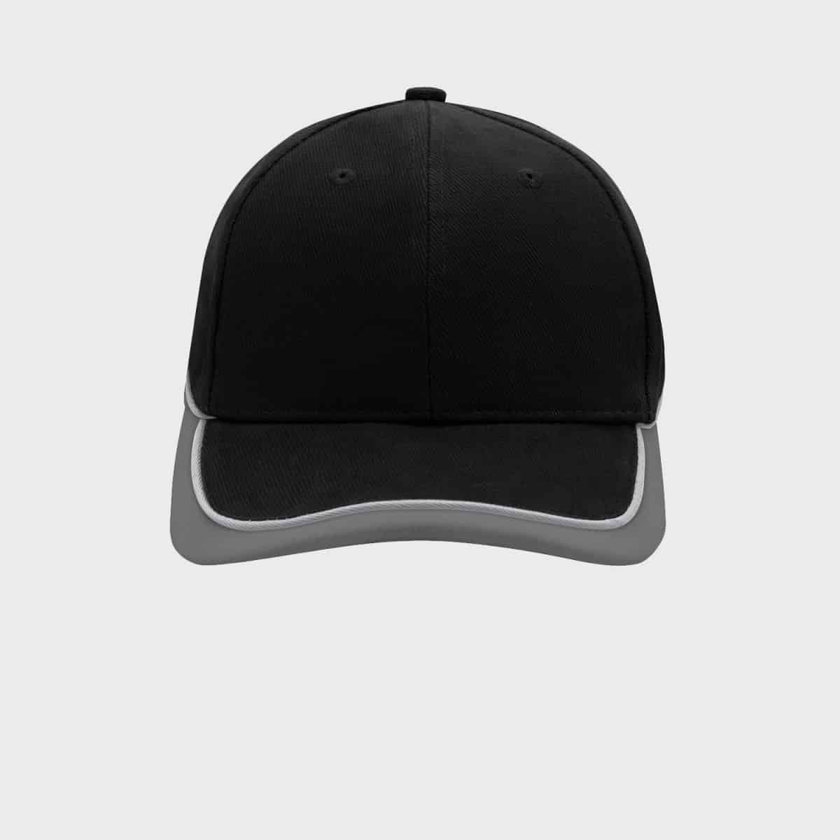A black baseball cap can be seen from the front. It has a gray and white border along the brim. The background is plain white and highlights the color and design of the cap.