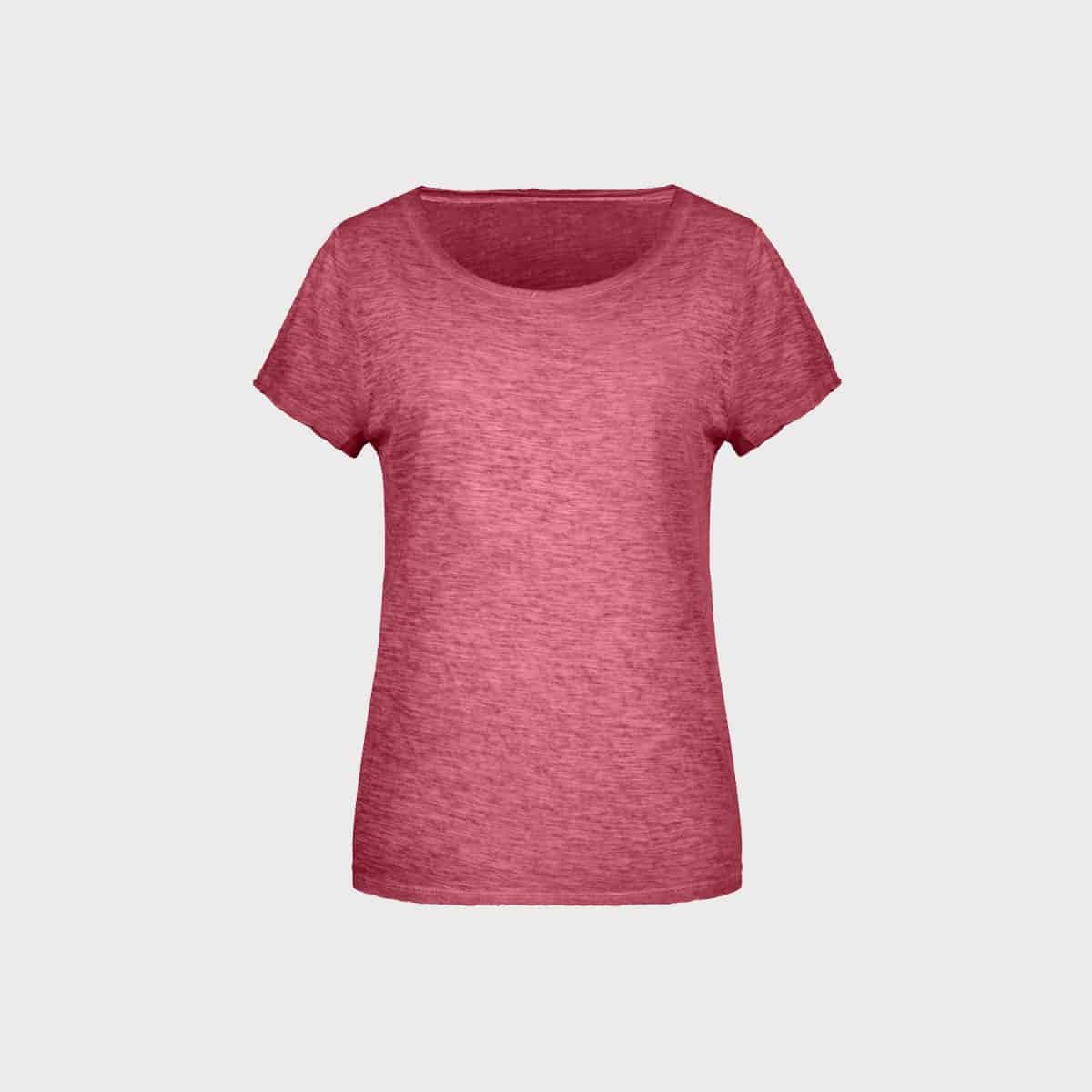 A simple, short-sleeved, mottled red T-shirt with a round neckline on a white background. The shirt has a slightly tailored fit and is suitable for leisure wear.
