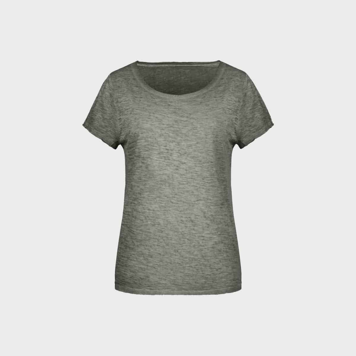 Ein schlichtes, graumeliertes T-Shirt mit kurzen Ärmeln und rundem Ausschnitt auf weißem Hintergrund. Das T-Shirt hat ein lässiges, leicht tailliertes Design.