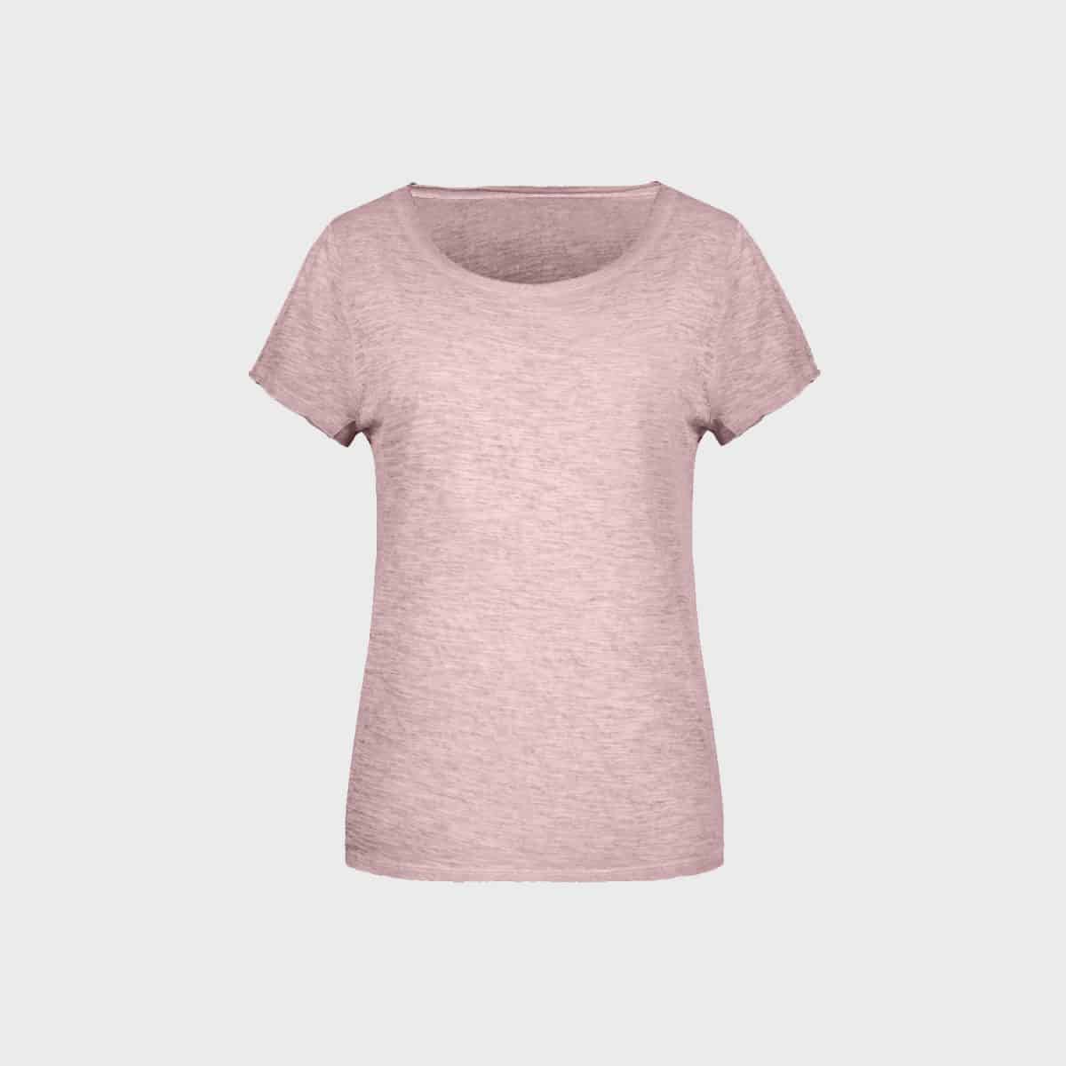 Auf weißem Hintergrund ist ein schlichtes, hellrosa Damen-T-Shirt abgebildet. Das Shirt hat einen runden Ausschnitt und kurze Ärmel mit einer leicht melierten Textur. Das Design ist schlicht und lässig.