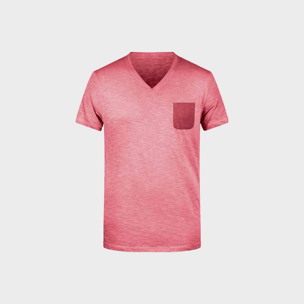 A light red mottled T-shirt with a V-neck and a dark red chest pocket on the left side. The shirt has short sleeves and a slightly tailored cut. It is shown on a plain, light gray background.
