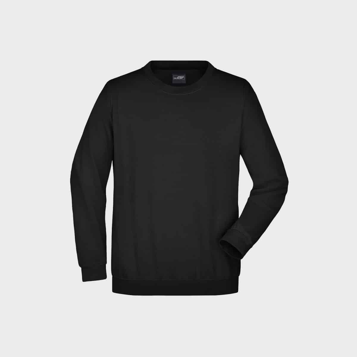 Ein schlichtes, langärmeliges schwarzes Sweatshirt auf hellgrauem Hintergrund. Das Sweatshirt hat einen Rundhalsausschnitt und gerippte Bündchen und eine lockere Passform.