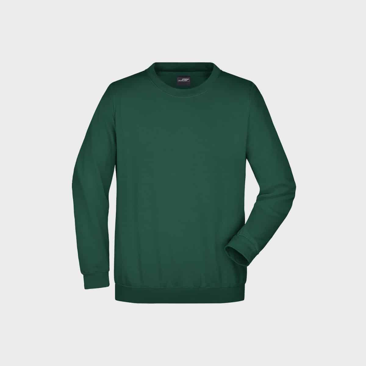 Ein schlichtes, langärmliges, waldgrünes Rundhals-Sweatshirt ist auf einem weißen Hintergrund abgebildet. Das Sweatshirt hat gerippte Bündchen und einen gerippten Bund und ein schlichtes und klassisches Design.