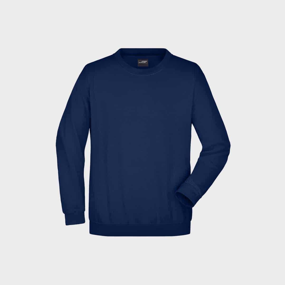 Ein schlichtes, marineblaues Langarm-Sweatshirt ist auf einem hellgrauen Hintergrund abgebildet. Das Sweatshirt hat ein schlichtes Design mit rundem Ausschnitt und gerippten Bündchen und Saum.