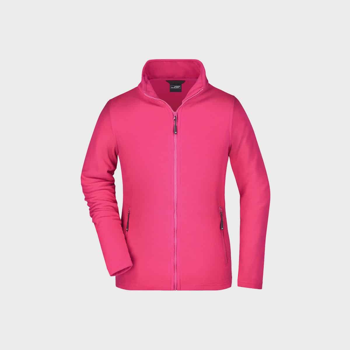A bright pink zipped jacket with long sleeves and a high collar. The jacket has two zipped pockets on the front and a black lining on the collar. The background is plain white.