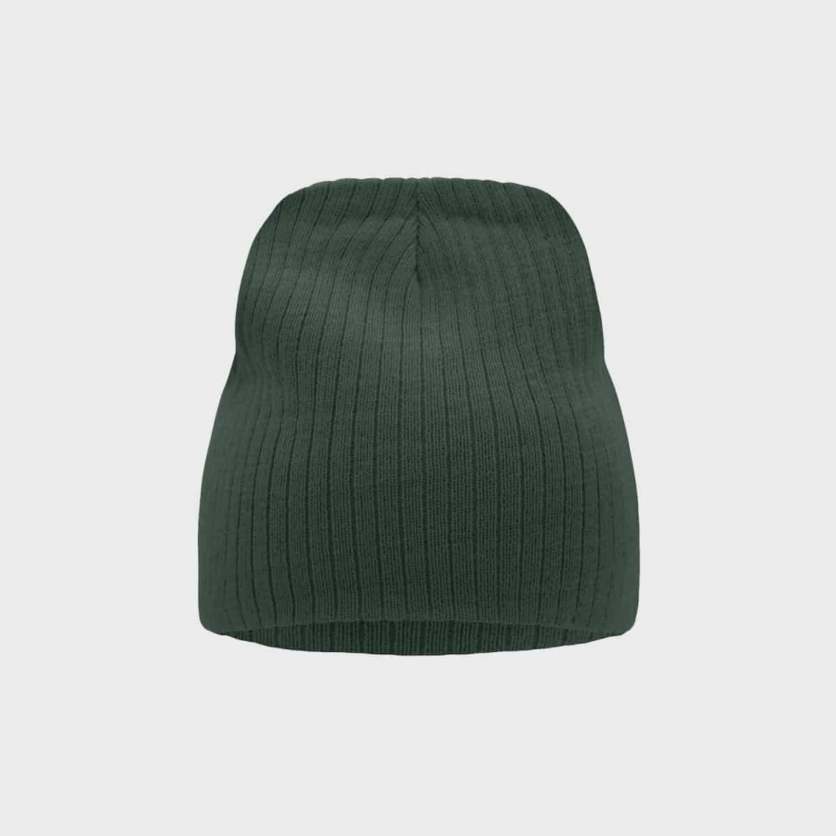 A dark green knitted hat with a ribbed pattern on a plain light gray background.