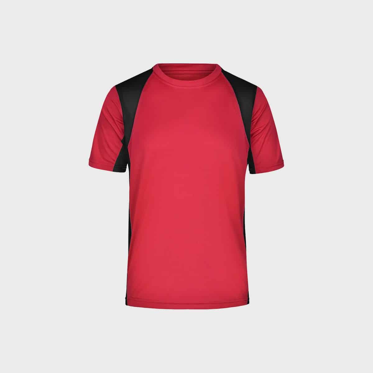A red short-sleeved sports shirt with black accents on the shoulders and sides, on a plain white background. The shirt has a simple and streamlined design that is suitable for sports or leisure.