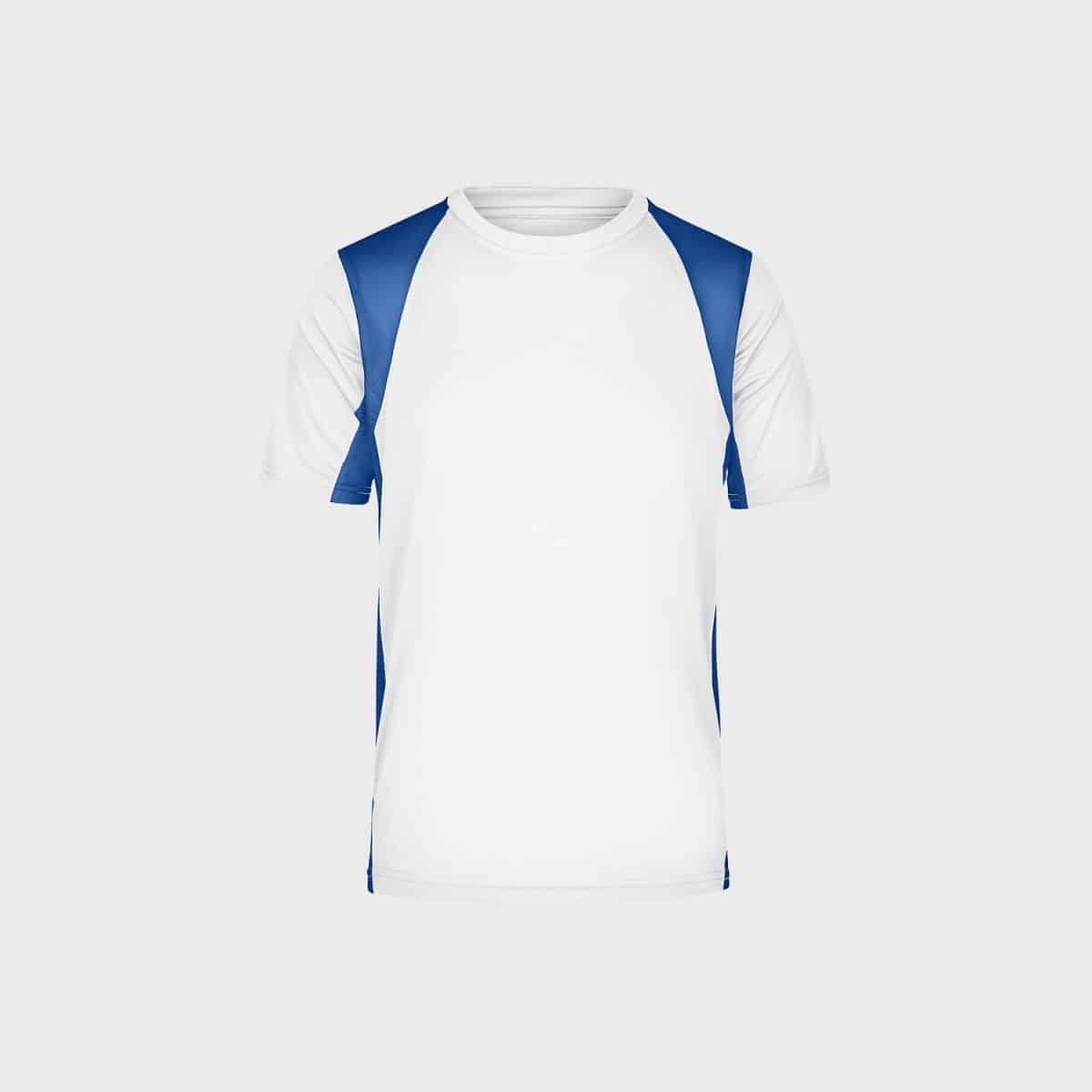 A white short-sleeved sports shirt with blue inserts on the shoulders and sides, shown on a plain light gray background. The shirt has a simple round neckline.