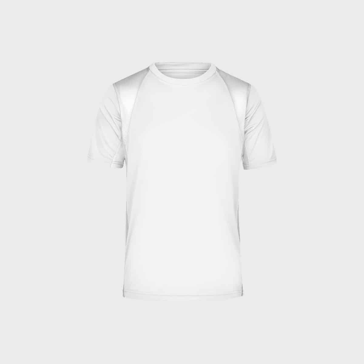 Ein schlichtes weißes Kurzarm-T-Shirt mit Rundhalsausschnitt vor einem hellgrauen Hintergrund. Das Shirt ist zentriert und von vorne abgebildet, was sein schlichtes und klares Design hervorhebt.