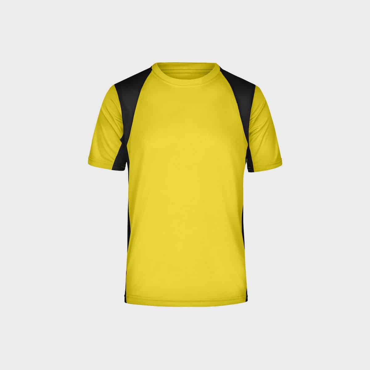 Ein leuchtend gelbes kurzärmliges Sportshirt mit schwarzen Seitenteilen und schwarzen Akzenten an den Schultern auf schlichtem weißen Hintergrund.