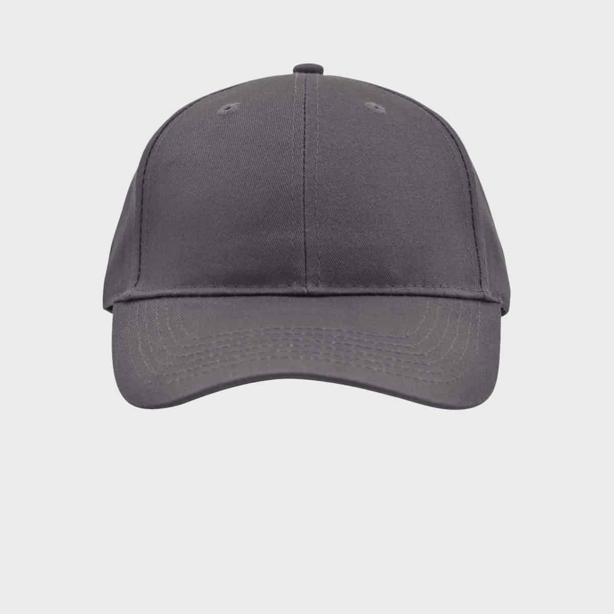 A simple, dark gray baseball cap with a curved brim is seen from the front against a light gray background. The Beanie six panels and two small ventilation holes on each side.