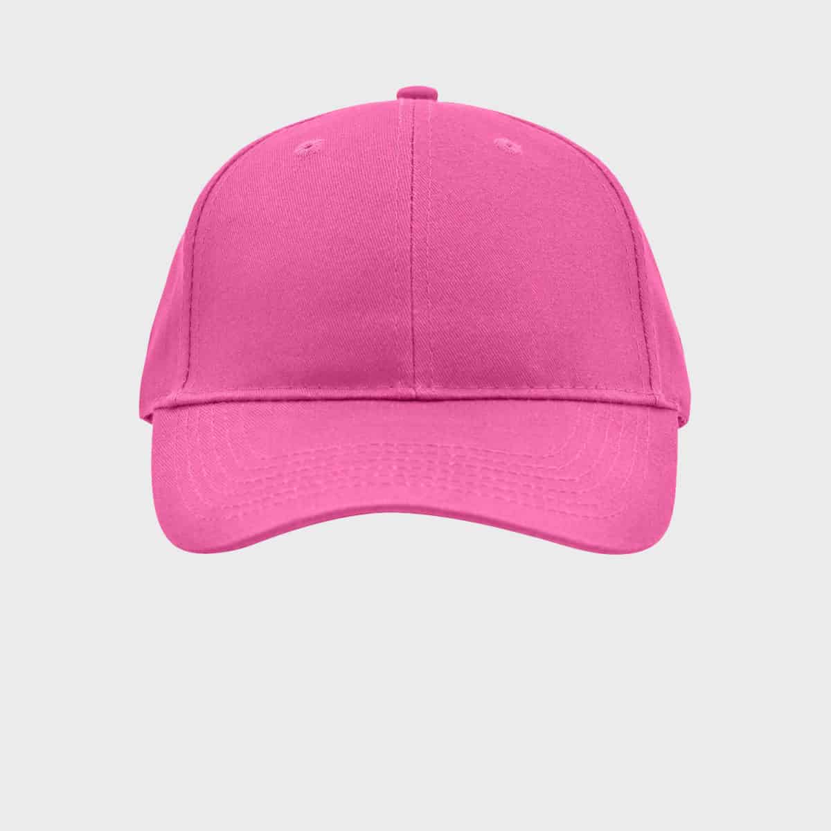 Eine leuchtend rosa Baseballkappe mit gebogenem Schirm und sechs Panelen. Die Mütze verfügt über einen verstellbaren Riemen auf der Rückseite und vier kleine Belüftungslöcher auf der Vorderseite, was ihr ein sportliches und lässiges Aussehen verleiht. Der Hintergrund ist schlicht weiß.