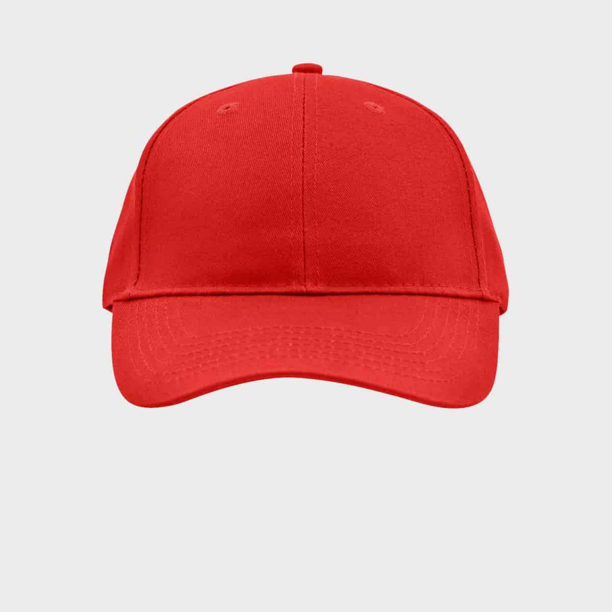 Eine schlichte, leuchtend rote Baseballkappe ist zentriert vor einem hellgrauen Hintergrund. Die Kappe hat einen gebogenen Schirm und einen verstellbaren Riemen auf der Rückseite. Die Einfachheit des Designs wird hervorgehoben, da keine Logos oder zusätzliche Markierungen sichtbar sind.