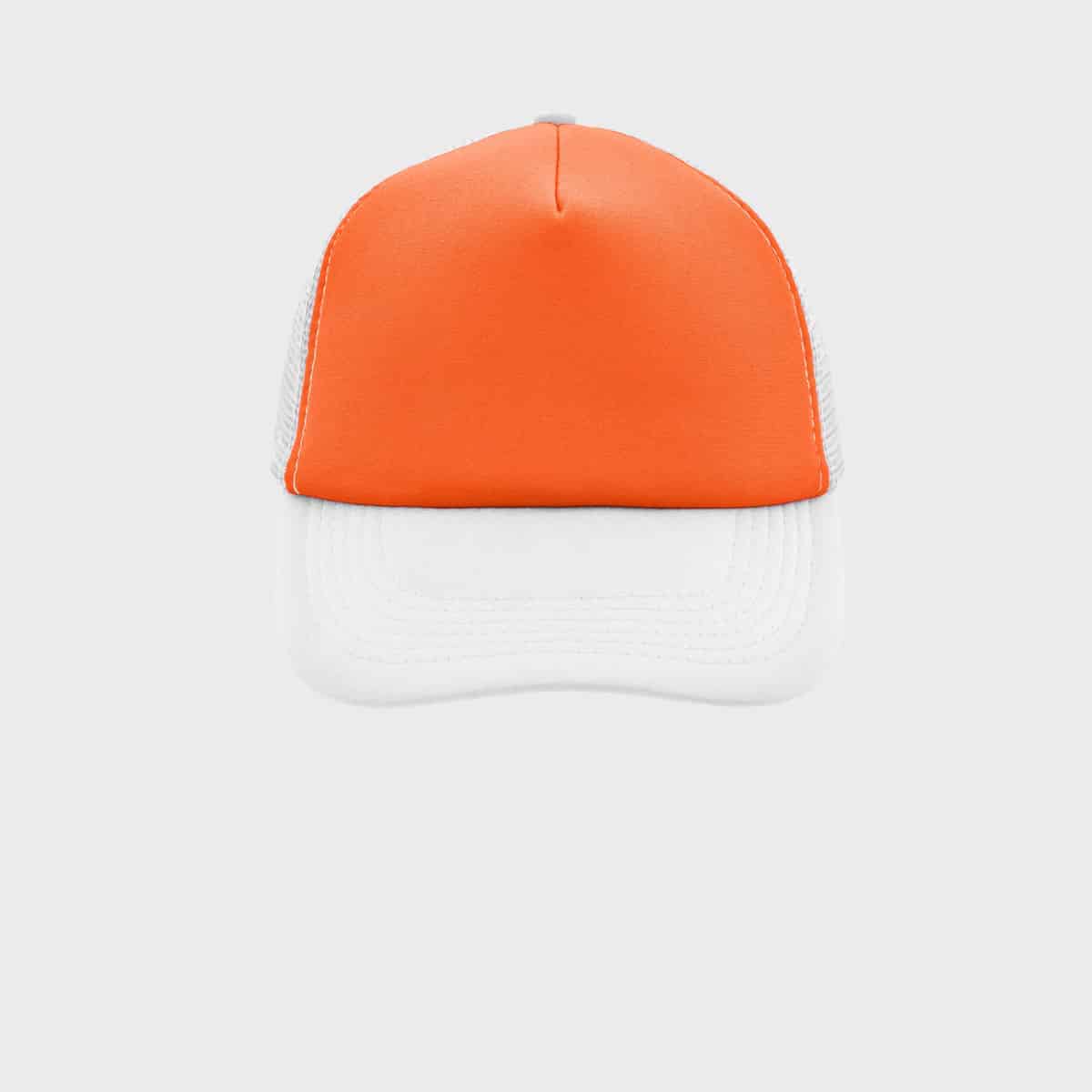 Auf einem schlichten grauen Hintergrund ist eine orange-weiße Trucker-Mütze mit einer durchgehend orangefarbenen Vorderseite und einer weißen Netzrückseite abgebildet. Die Mütze hat eine gebogene weiße Krempe.