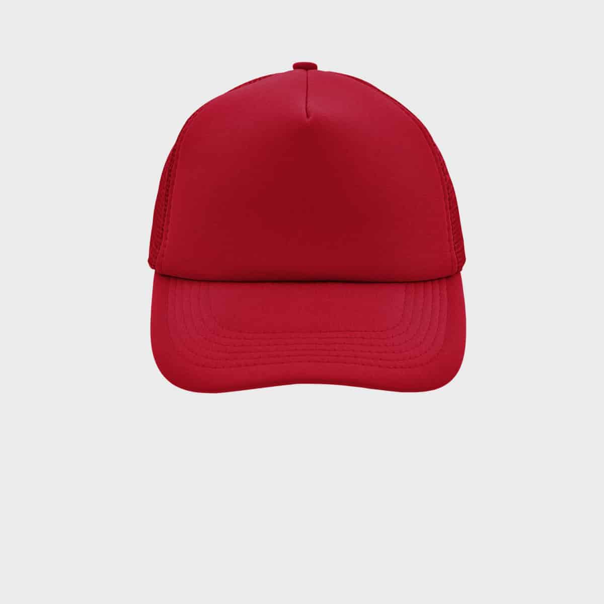 Eine schlichte rote Baseballkappe mit gebogenem Schirm, von vorne auf hellgrauem Hintergrund abgebildet. Die Kappe hat einen oberen Knopf und Nähte entlang des Schirms.