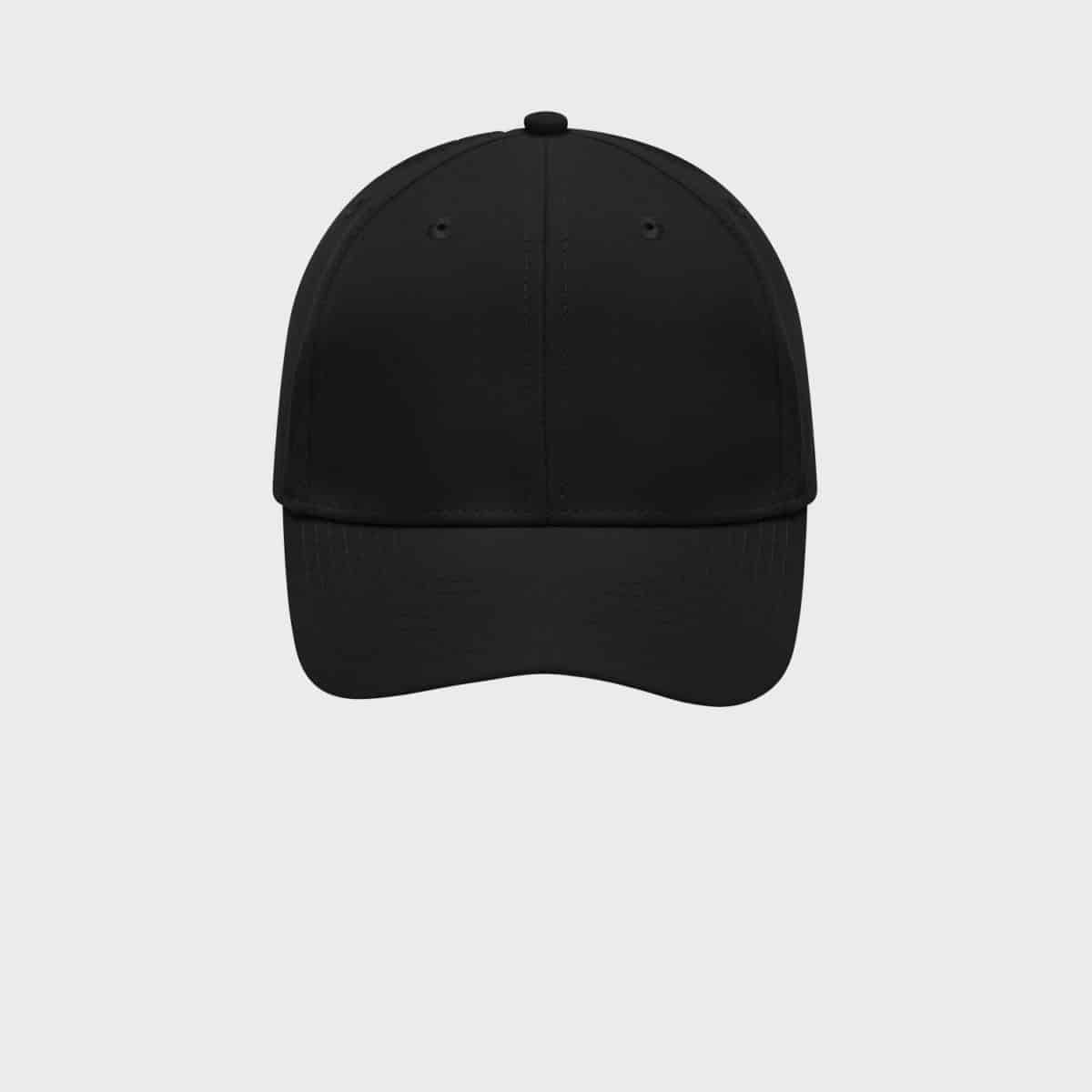 Eine schlichte schwarze Baseballkappe ist auf einem hellgrauen Hintergrund abgebildet. Die Kappe hat eine abgerundete Krone mit Nähten und einen gebogenen Schirm.