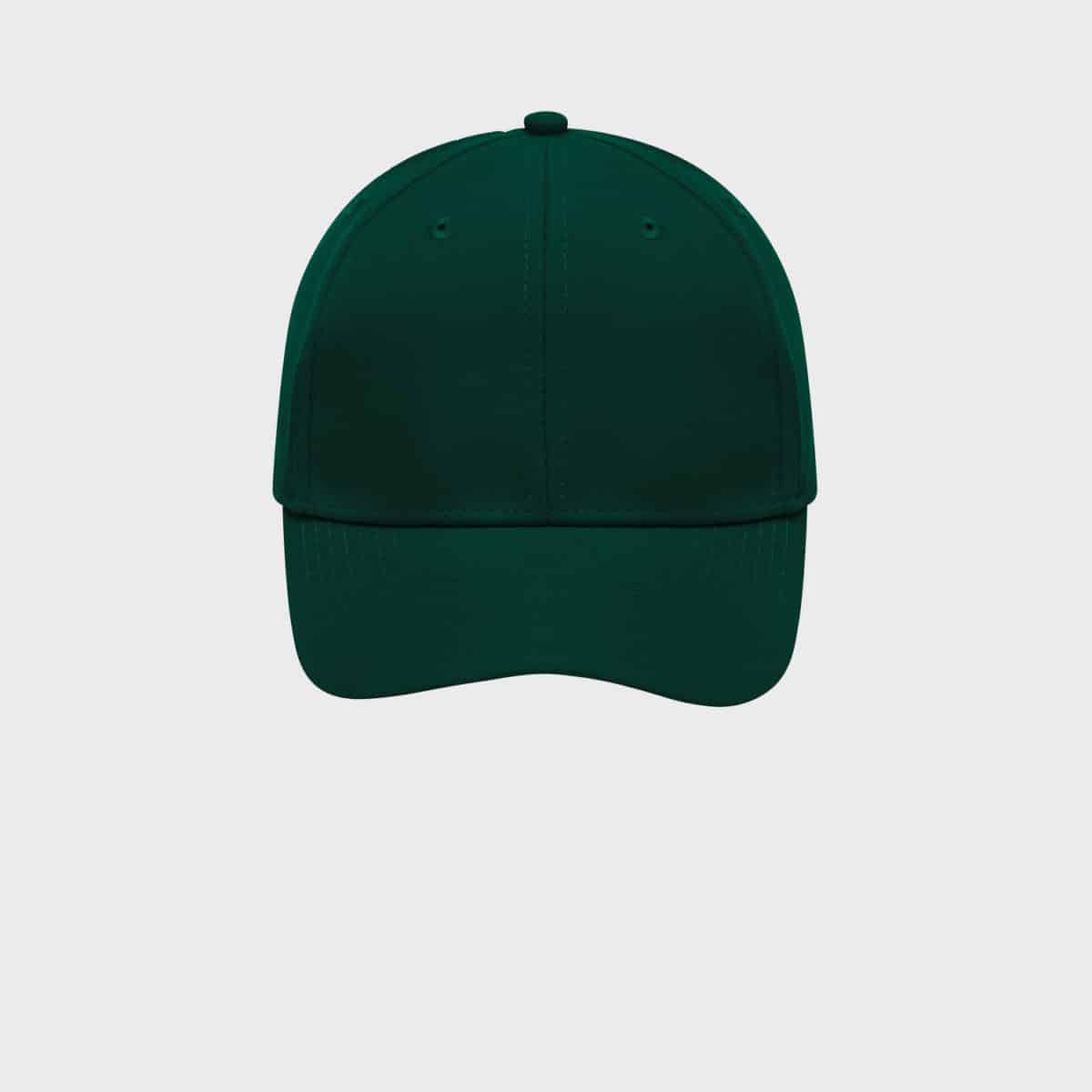 Eine grüne Baseballkappe mit gebogenem Schirm steht zentriert vor einem hellgrauen Hintergrund. Die Kappe hat ein einfaches, einfarbiges Design ohne sichtbare Logos oder Muster.