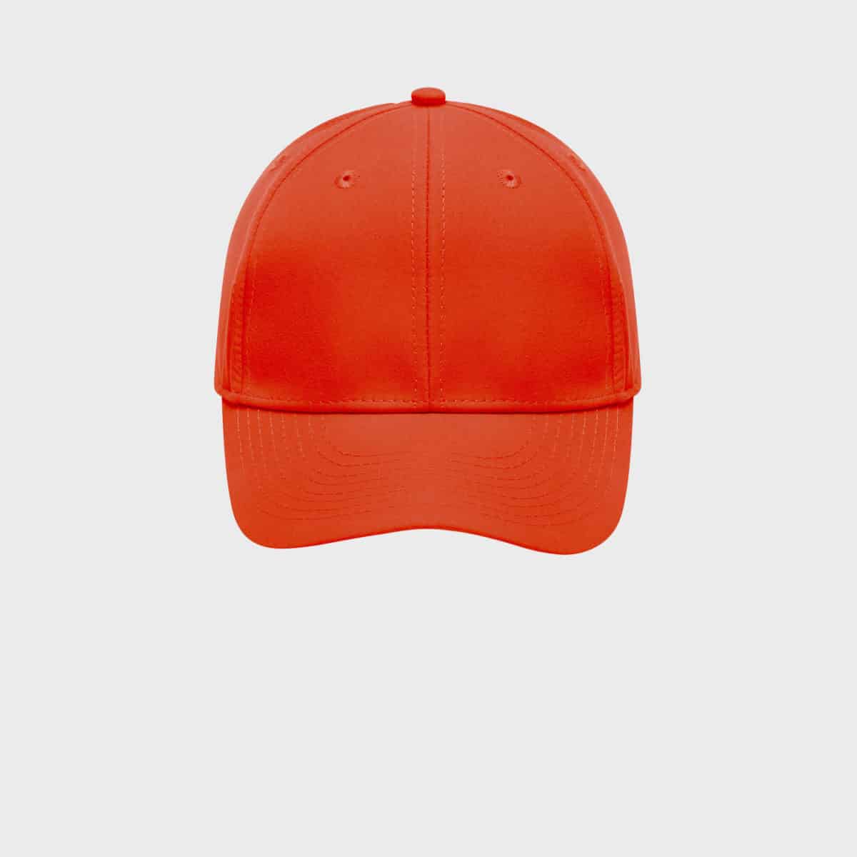 Von vorne betrachtet eine leuchtend orange Baseballkappe mit schlichtem Design ohne Logos oder Text. Die Kappe hat einen gebogenen Schirm und sechs Einsätze, von denen jeder oben eine kleine Belüftungsöse hat. Der Hintergrund ist weiß und hebt die leuchtende Farbe hervor.