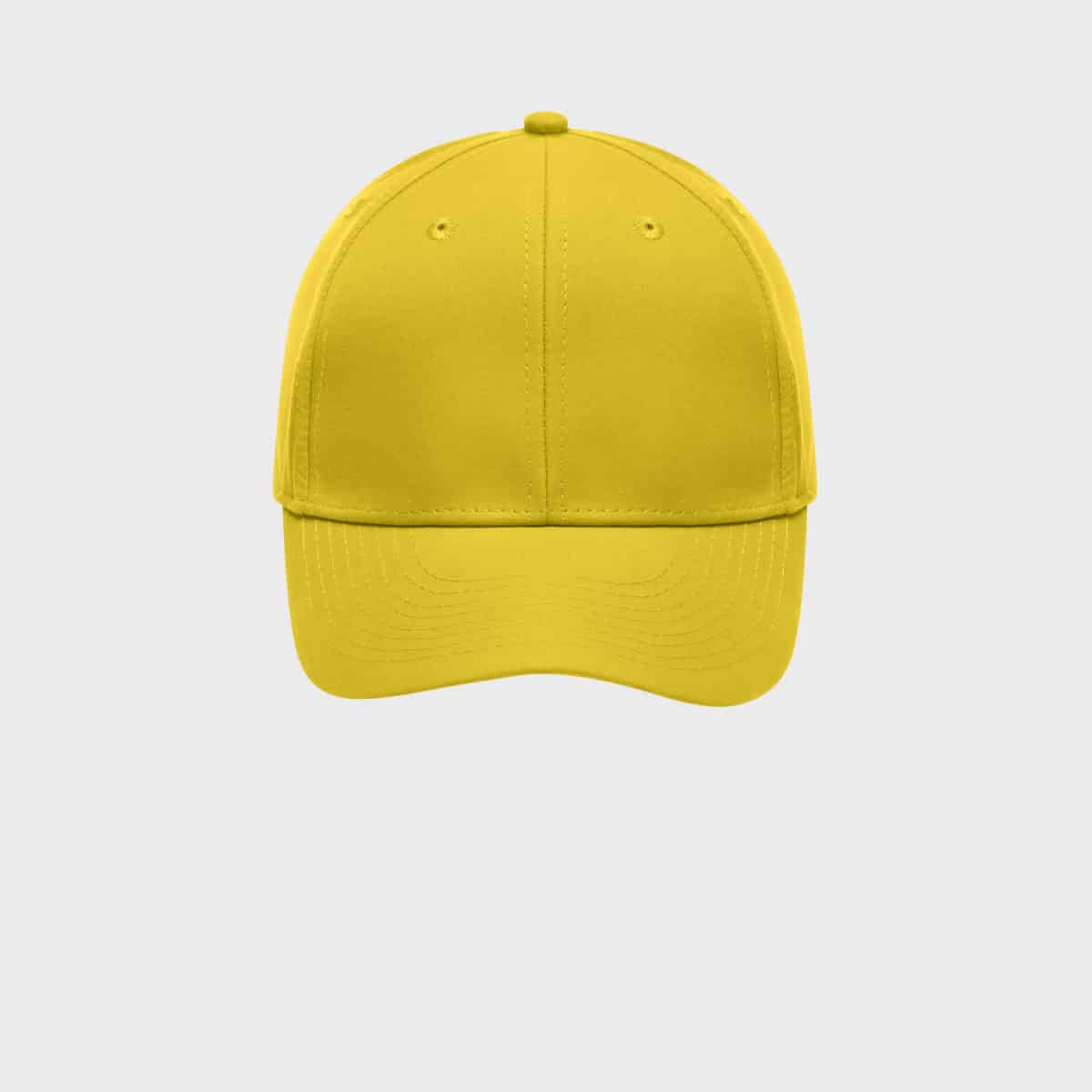 A yellow baseball cap with a curved brim is centered on a white background. The cap has stitching along the front panels and brim.