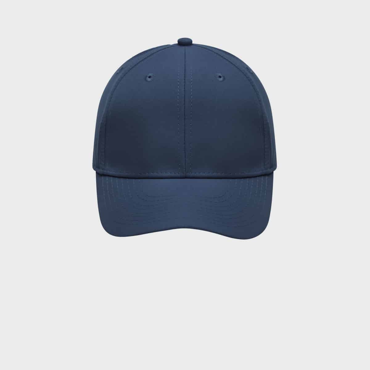 Eine dunkelblaue Baseballkappe mit gebogenem Schirm und sechs Teilungsnähten, von vorne betrachtet. Die Kappe weist keine sichtbaren Logos oder Designs auf und steht auf einem schlichten weißen Hintergrund.