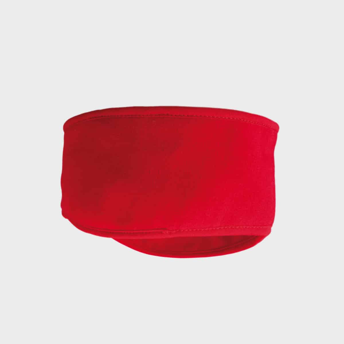 Ein leuchtend rotes Fleece-Stirnband auf weißem Hintergrund. Das Stirnband hat ein einfaches, nahtloses Design und wirkt weich und bequem. Es soll Ohren und Stirn warm halten.