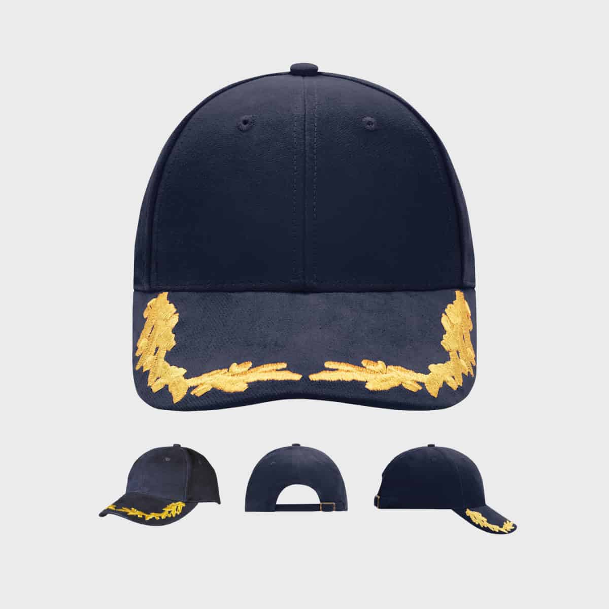 Eine marineblaue Baseballkappe mit goldenen Stickereien auf der Krempe wird aus vier verschiedenen Blickwinkeln gezeigt: von vorne, von hinten, von links und von rechts. Diese VIP-Kappe hat eine gebogene Krempe, einen verstellbaren Riemen auf der Rückseite und ein aufwendiges Blattgold-Design auf der Vorderseite der Krempe, perfekt für Ausflüge nach Myrtle Beach.