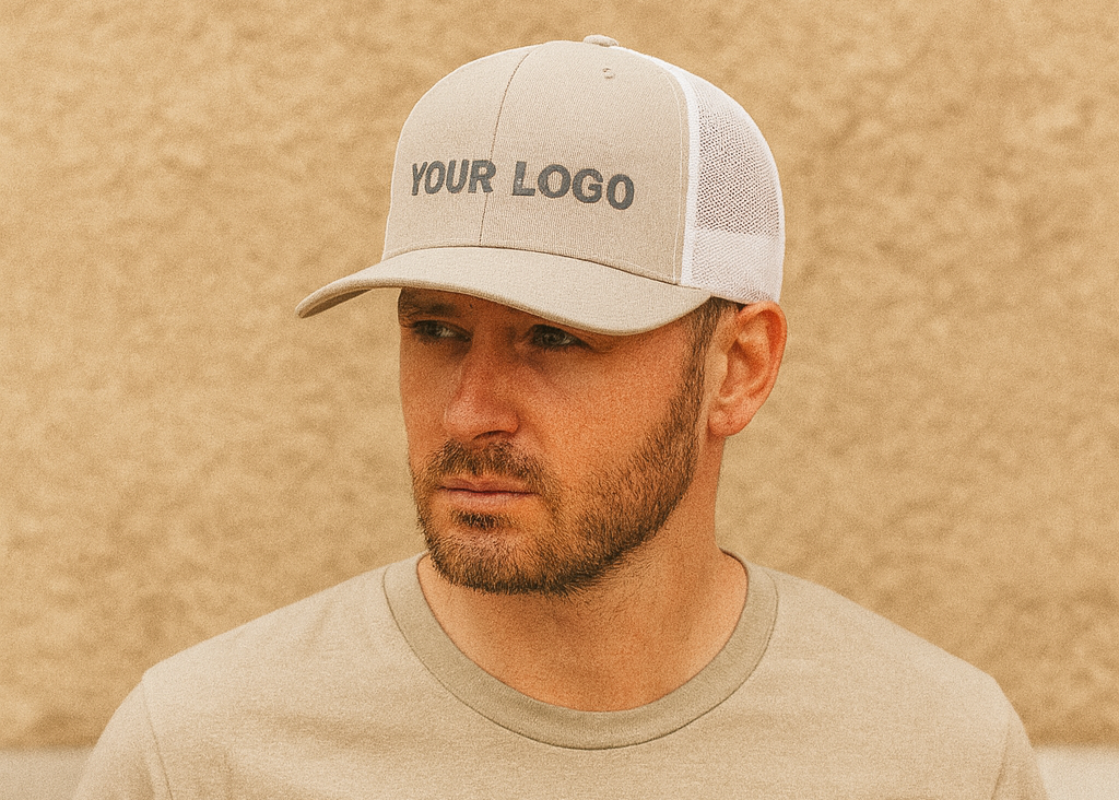 Two-tone Flexfit trucker cap with mesh back and embroidered logo