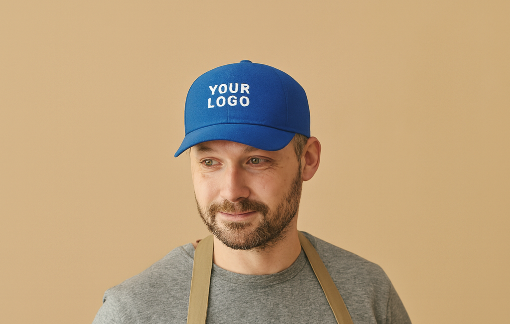 Turned 6-panel cap with twisted panels and laminated front with logo embroidery