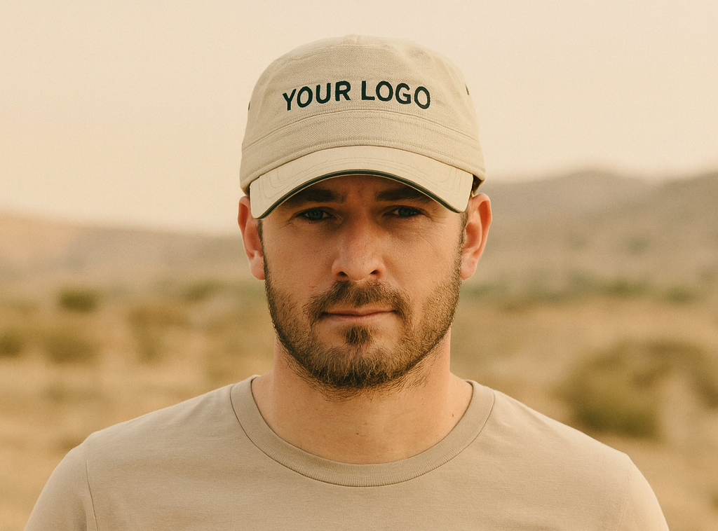 Military cap with canvas sandwich detail and embroidered logo