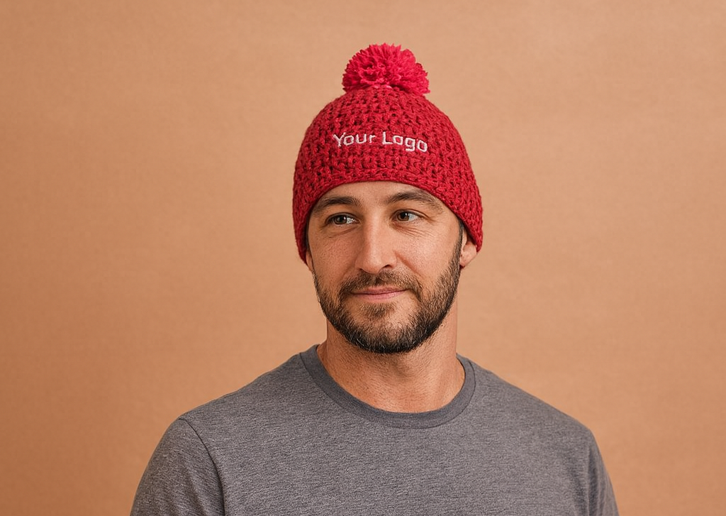 Crochet hat with pompom and logo embroidery