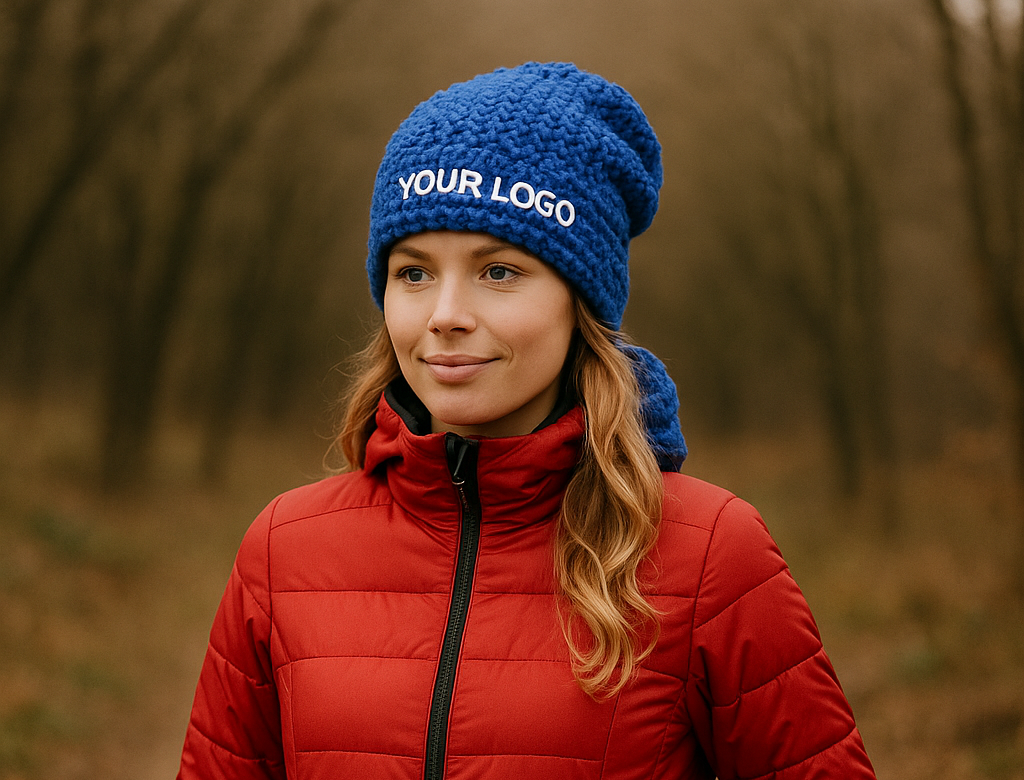 Casual oversized crochet hat in chunky knit with embroidered logo