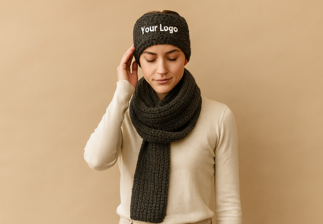 Crocheted headband with logo embroidery