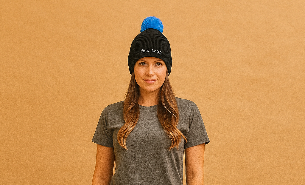 Bobble hat with turn-up and logo embroidery