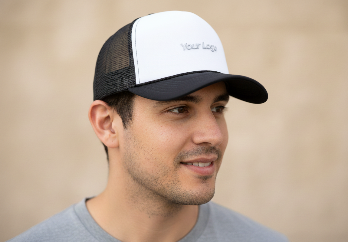Flexfit Trucker Cap mit gebogenem Schirm Schaumstofffront und Mesh-Rückseite mit Logo-Stick