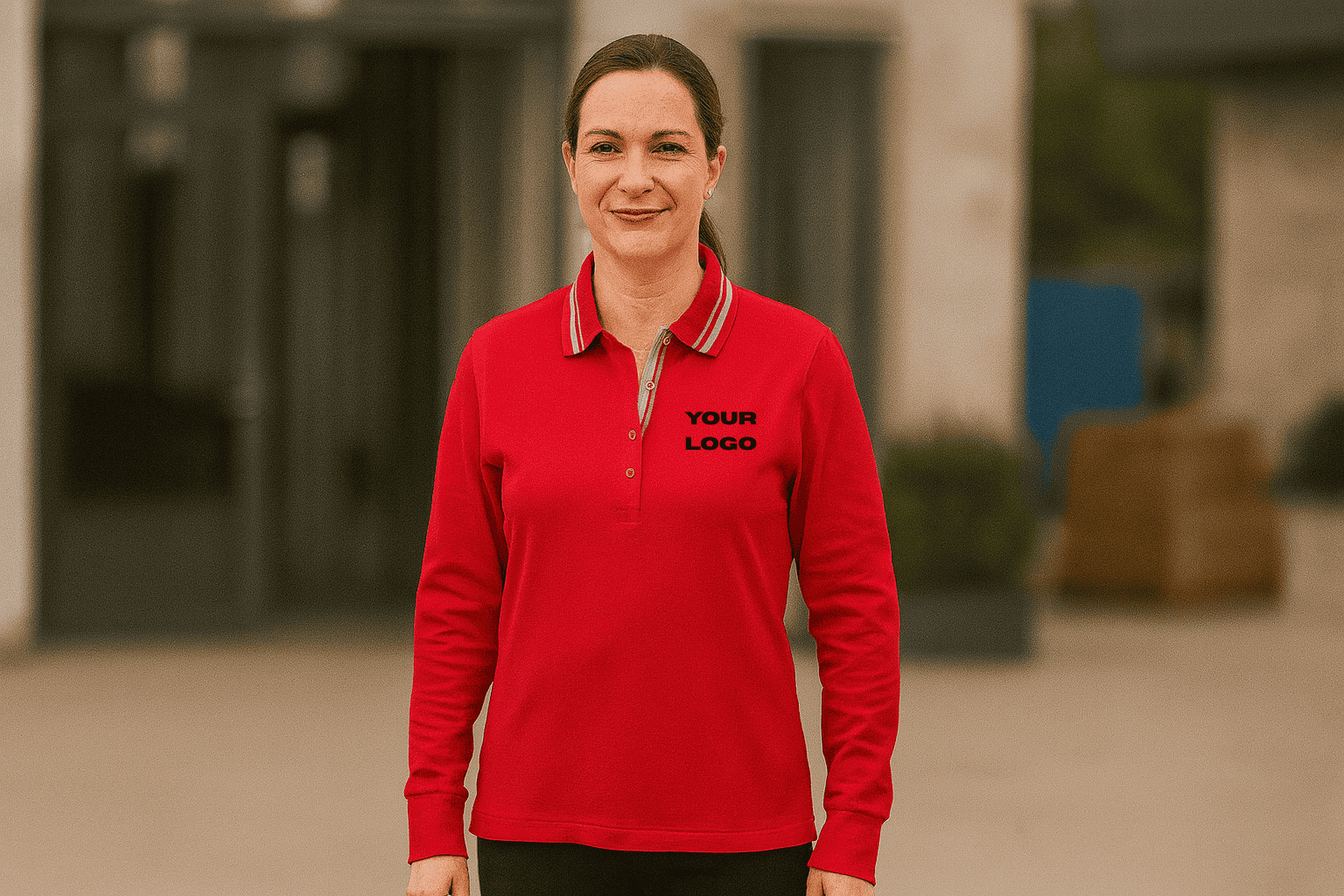 Women's long-sleeved polo shirt with line logo embroidery