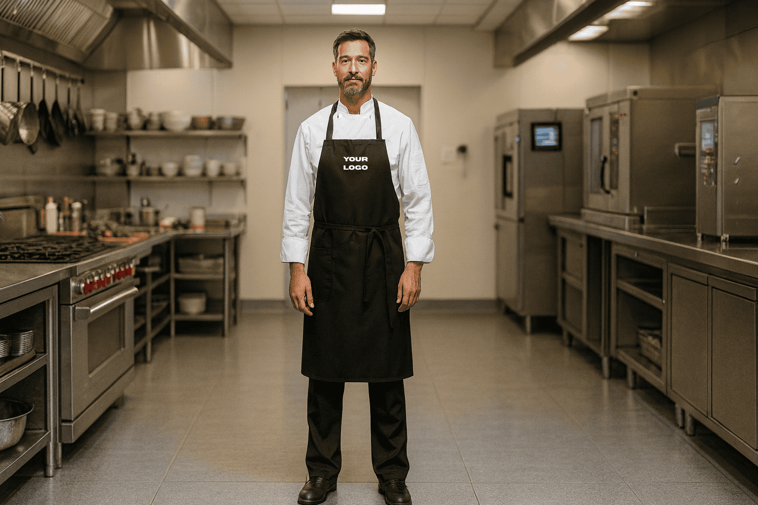 Long bib apron with embroidered logo