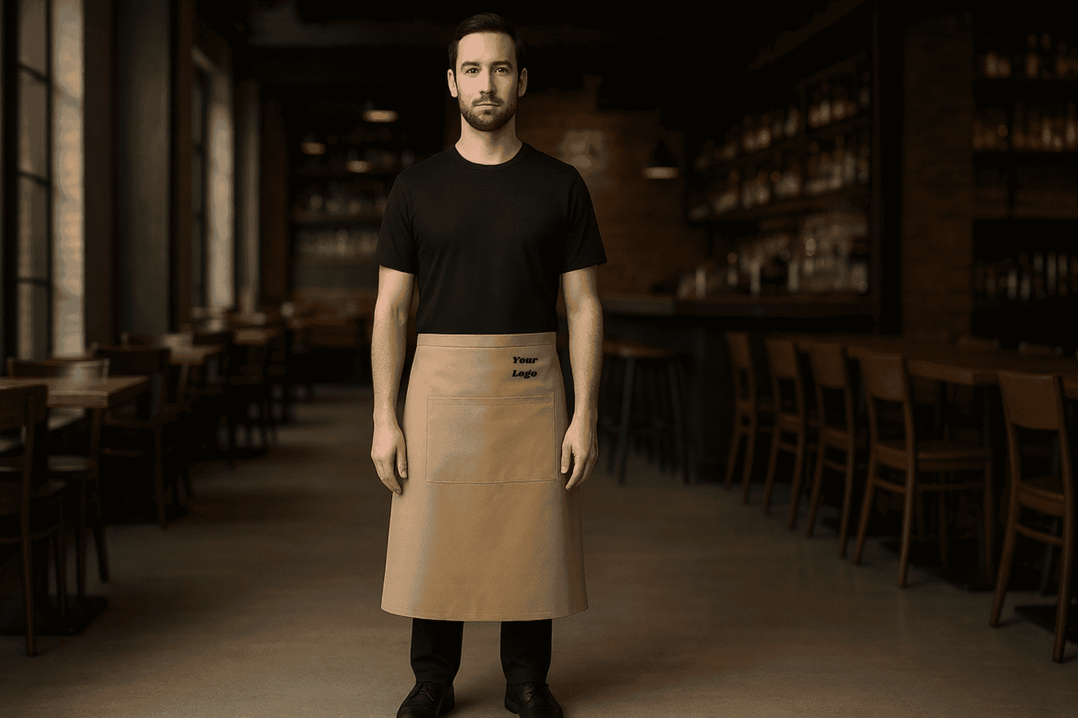 Long apron with pocket and embroidered logo